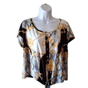 Eye Candy Womens Blouse 2X Black White Tie Front Gold Chain Print Retro Glam